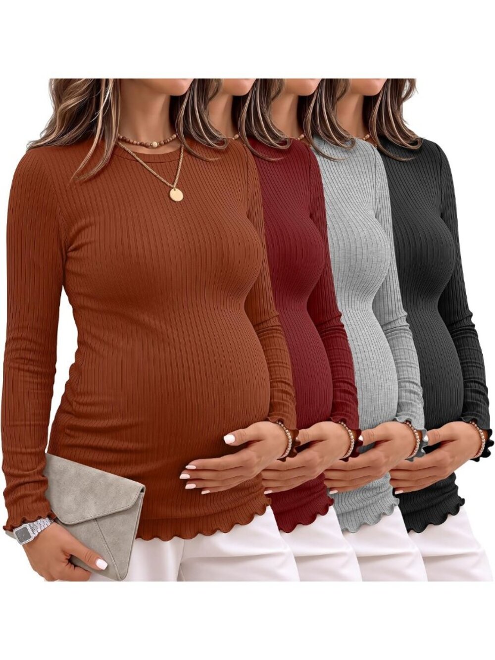 Maternity Ribbed Long Sleeve Tops - 4 Pack, Crew Neck, Comfortable & Stylish